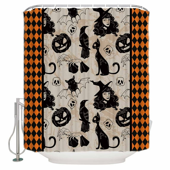 Halloween Witch Bat Skull Orange Plaid Background Shower Curtain Set ,Waterproof Fabric Shower Curtains Shower Curtains for Bathroom,Bathroom Decor 54x"78"