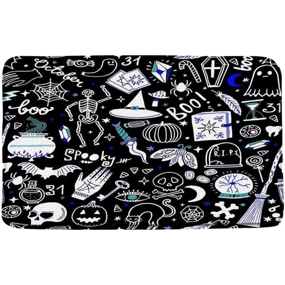 Halloween Witch Bath Mat Psychic Tarot Ouija Witchcraft Palmistry Skeleton Magical Bats Skull Spooky Bone Mystic Black White Microfiber Memory Foam Decor Non Slip Backing 24"x16"