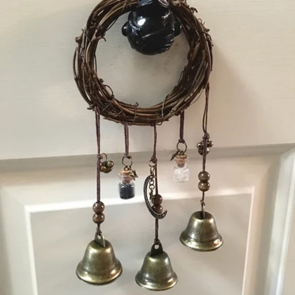Halloween Witch Bells Hanging Protection Pendant, Rattan Handcrafted Wind Chime and Altar Altar Decor, Bohemian Crystal Blessing Bells for Home Door Wall Display