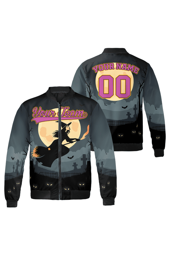Halloween Witch Bomber Jacket - Custom Team Name & Number - Full Moon Graveyard Design - Unisex Spooky Outerwear