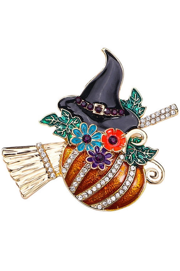 Halloween Witch Brooch Pins, Funny Rhinestone Witch Hat Flower Pin Halloween Jewelry Accessory for Men Women