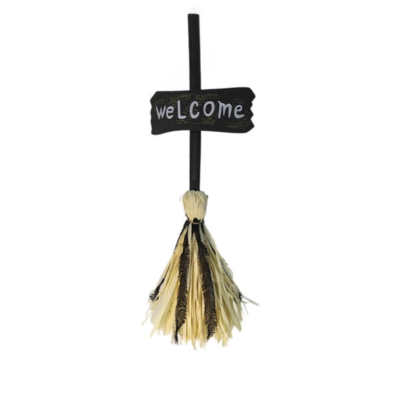 Halloween Witch Broom Decor with Light and Sound, Motion Activated Straw Witch Welcome Sign, Interactive Halloween Hanging Decoration for Door Porch Wall Party