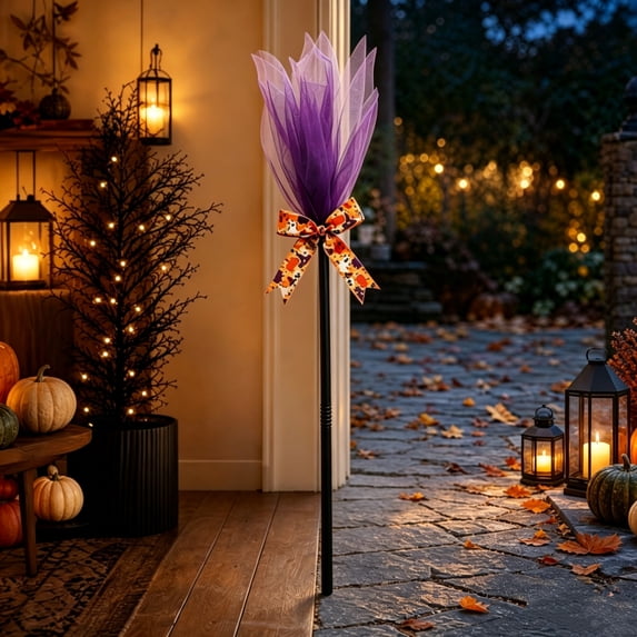 Halloween Witch Broom Decoration, 35.4 inch Tulle Witch Broom Prop with Pumpkin Bow Ribbon for Front Door Fireplace and Party Decor