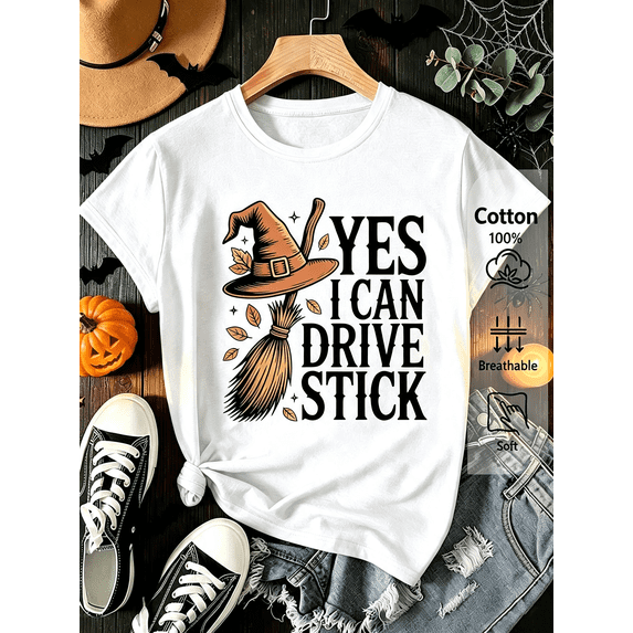 Halloween Witch Broom Graphic T‑Shirt for Women, Retro Fall Short Sleeve Crewneck Casual Holiday Tee Top
