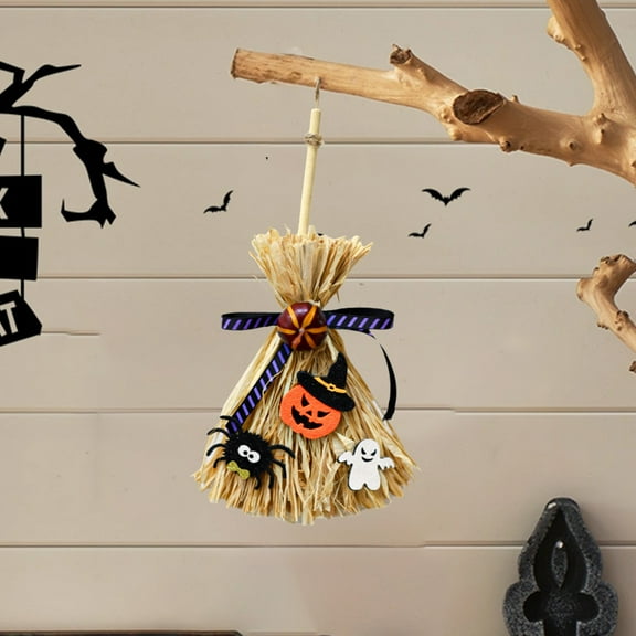 Halloween Witch Broom Mini Decoration with Pumpkin Ornament Witchcraft Brush Hanging Prop for Party Ceremony Home and Photo Shoot Décor