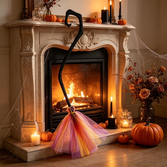 Halloween Witch Broom, Witch Cosplay Halloween Costume Accessory,38Inch Detachable Realistic Witch Flying Broom Stick with Ribbons for Haunted Witch Party Accessories