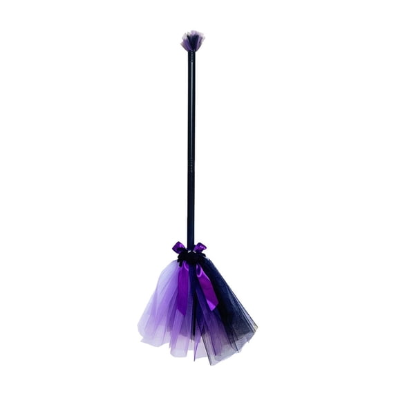 Halloween Witch Broomstick Prop 32.28 Inch with String Lights And Web Decor, Removable Riding Stick for Kids Costume Party, Spooky Indoor Outdoor Decoration