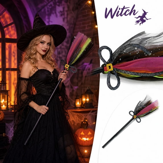 Halloween Witch Broomstick Prop, Decorative Broom With Gold Buckle Accent For Costume Party Photo Prop Porch Door Wall Shelf And Halloween Display