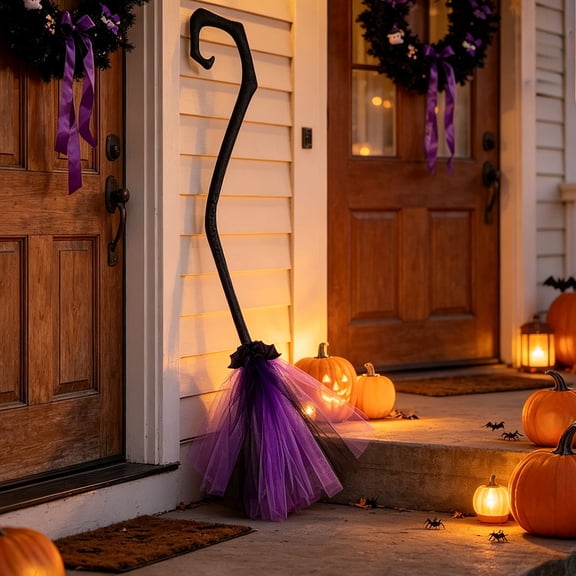 Halloween Witch Broomstick Prop, Detachable Broom, 38.19 Inch 2-Piece Handle Plastic Stick with Colorful Mesh Tail, for Trick-or-Treat Party Cosplay Stage Performance and Home Decor