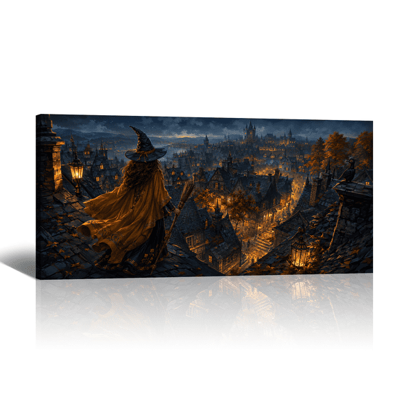 Halloween Witch Canvas Wall Art Glowing Town Magic Night Picture Prints, Large Gothic Spooky Artwork Paintings for Living Room Bedroom Home Decor, Gifts for Friends Family Birthday Christmas