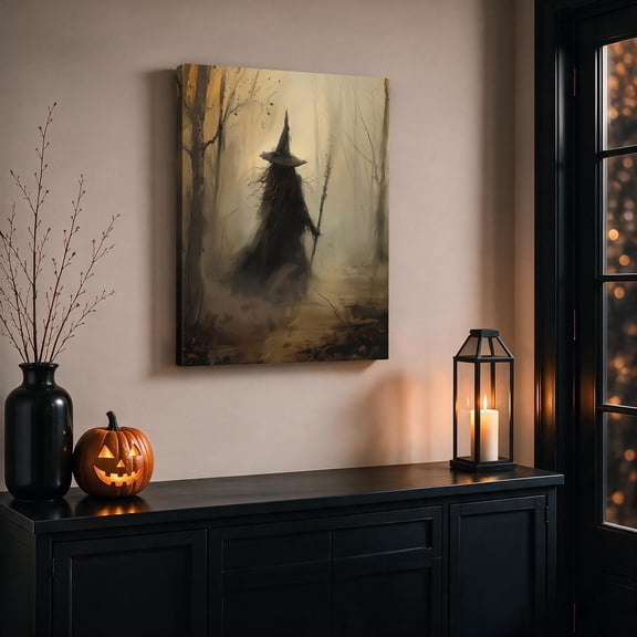 Halloween Witch Canvas Wall Art, Vintage Gothic Witch Painting for Living Room, Bedroom and Seasonal Home Decor