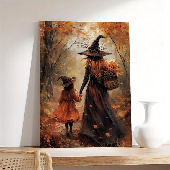 Halloween Witch Canvas Wall Art with Wooden Frame – Spooky Autumn-Themed Painting Featuring a Witch and Young Girl in Enchanted Forest, Perfect for Home, Office, or Party Decor
