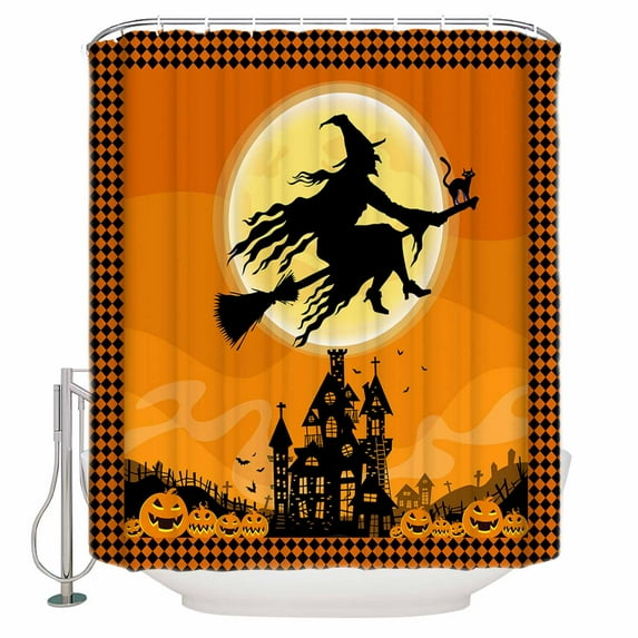 Halloween Witch Castle Pumpkin Full Moon Orange Shower Curtain Set ,Waterproof Fabric Shower Curtains Shower Curtains for Bathroom,Bathroom Decor 36"x72"