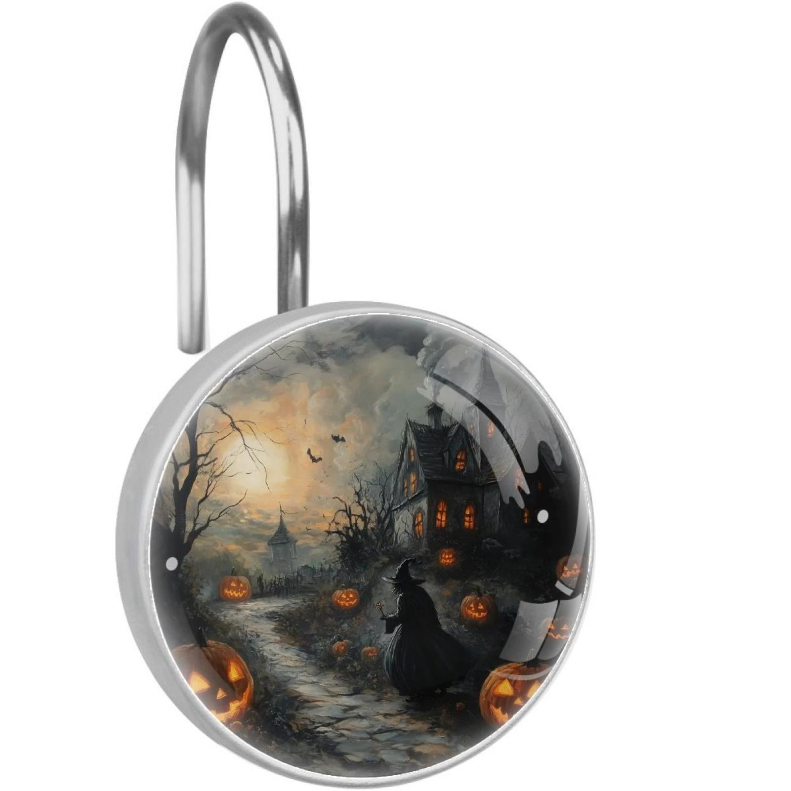 Halloween Witch Castle Pumpkins Shower Curtain Hooks Round Crystal Glass, Set of 12 Shower Curtain Rings - Shower Hooks for Curtain Shower Rings