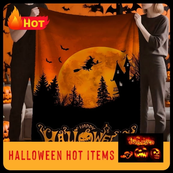 Halloween Witch Castle Throw Blanket - Spooky Witch Flying on Broomstick, Haunted House - Soft Flannel Bedspread/Party Decor - Machine Washable Halloween Decoration for Home, Costume Parties - Multip