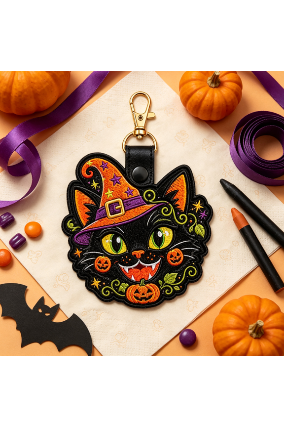Halloween Witch Cat Keychain, Embroidered Black Cat Witch Hat Charm, Spooky Cute Pumpkin Star Accessory for Backpack Purse Keys, Halloween Season Decor Gift