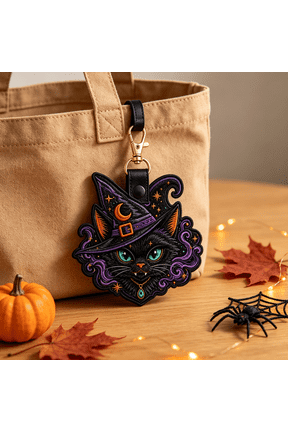 Halloween Witch Cat Keychain, Embroidered Black Cat Witch Hat Charm, Spooky Cute Pumpkin Star Accessory for Backpack Purse Keys, Halloween Season Decor Gift