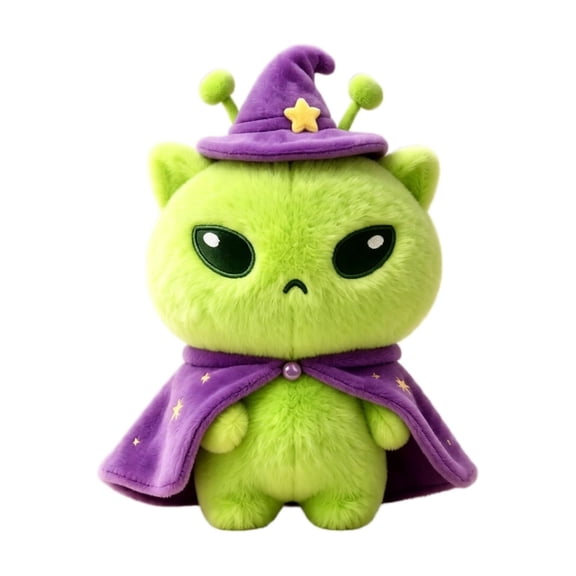 Halloween Witch Cat Plush Toy Green Alien Kitten Stuffed Animal with Purple Hat Soft Comfort Companion Christmas Gift Decor for Kids Room Party Desktop Ornament