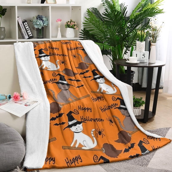 Halloween Witch Cats on Brooms Pattern Blanket,Comfortable Soft Flannel Throw Blanket,All Season,Warm Lightweight Blankets for Sofa Bed Couch Living Room Chair,60"x80"