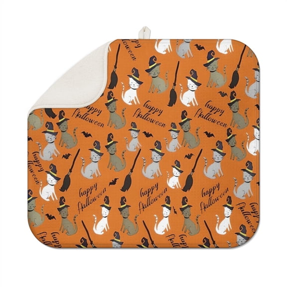Halloween Witch Cats Pattern Dish Drying Mat for Kitchen 1 Pack, Ultra Absorbent Microfiber Dishes Drainer Mats,16x18in(41x46cm)