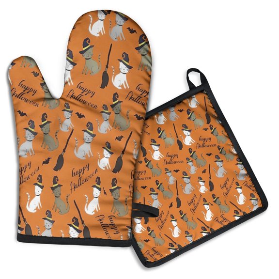 Halloween Witch Cats Pattern Kitchen Oven Mitt and Pot Holder Sets 2 Pcs for Baking, Cooking and Grilling, Heat Resistant Up To 392 °F