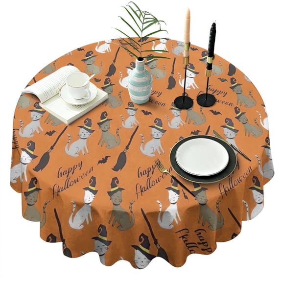 Halloween Witch Cats Pattern Round Tablecloth 60"x60",Wrinkle Wipeable Table Cloth for Kitchen Dining Room Picnic Patio Party