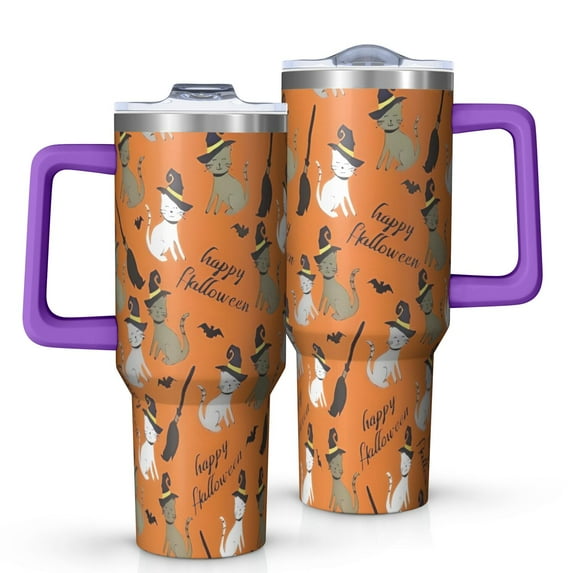 Halloween Witch Cats Pattern Tumbler with Handle and Lid,40oz Double Wall Vacuum Insulated Tumbler,Cups Gift for Women and Men