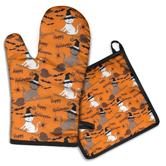 Halloween Witch Cats on Brooms Pattern Kitchen Oven Mitt and Pot Holder Sets 2 Pcs for Baking, Cooking and Grilling, Heat Resistant Up To 392 °F