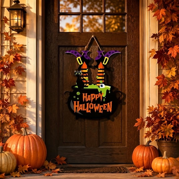 Halloween Witch Cauldron Black Cat Wooden Hanging Door Sign, 13.38” Tall, by Sktrjpolfis