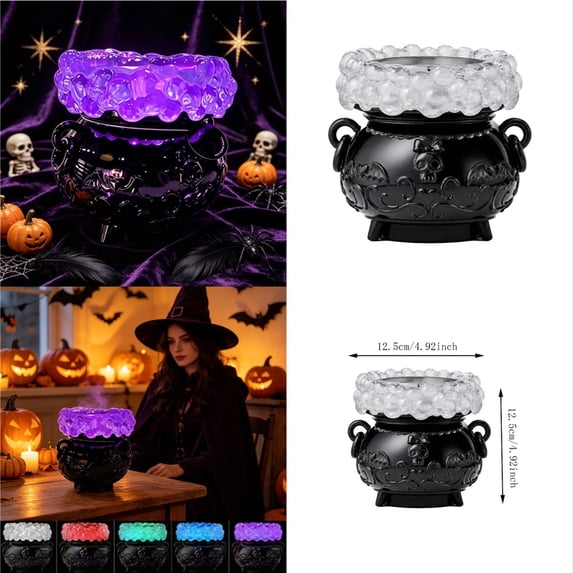 Halloween Witch Cauldron Candle Holder, LED Purple Light with Mist Bubbling Effect, Bat Embossed Design, Spooky Tabletop Decorative Centerpiece for Home Party Festive Display