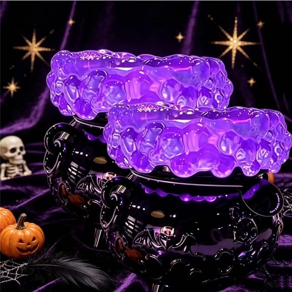 Halloween Witch Cauldron Candle Holder, LED Purple Light with Mist Bubbling Effect, Bat Embossed Design, Spooky Tabletop Decorative Centerpiece for Home Party Festive Display