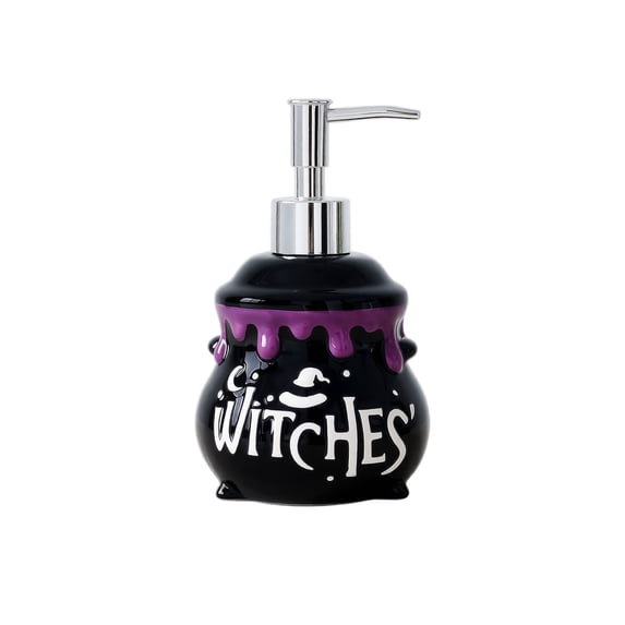 Halloween Witch Cauldron Ceramic Soap Dispenser – Gothic Black & Purple Pump Bottle with Silver Metal Pump – Spooky Hand Lotion Dispenser for Bathroom, Kitchen & Vanity