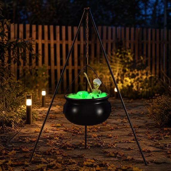 Halloween Witch Cauldron Decor, Black Plastic Pot With Skeleton, Green Light And Tripod Stand For Indoor Outdoor Porch, Yard And Party Display