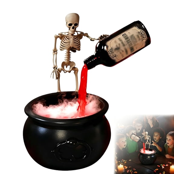 Halloween Witch Cauldron Decor Table, Floating Potion Set with Mist Maker and Skeleton Accents for Indoor Spooky Party Decorations