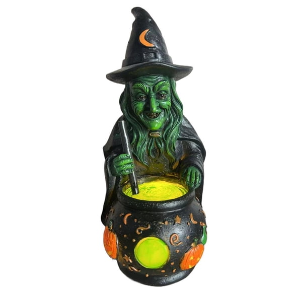 Halloween Witch Cauldron Figurine, Lighted Resin Scary Witches Decor with LED, 7.28 in