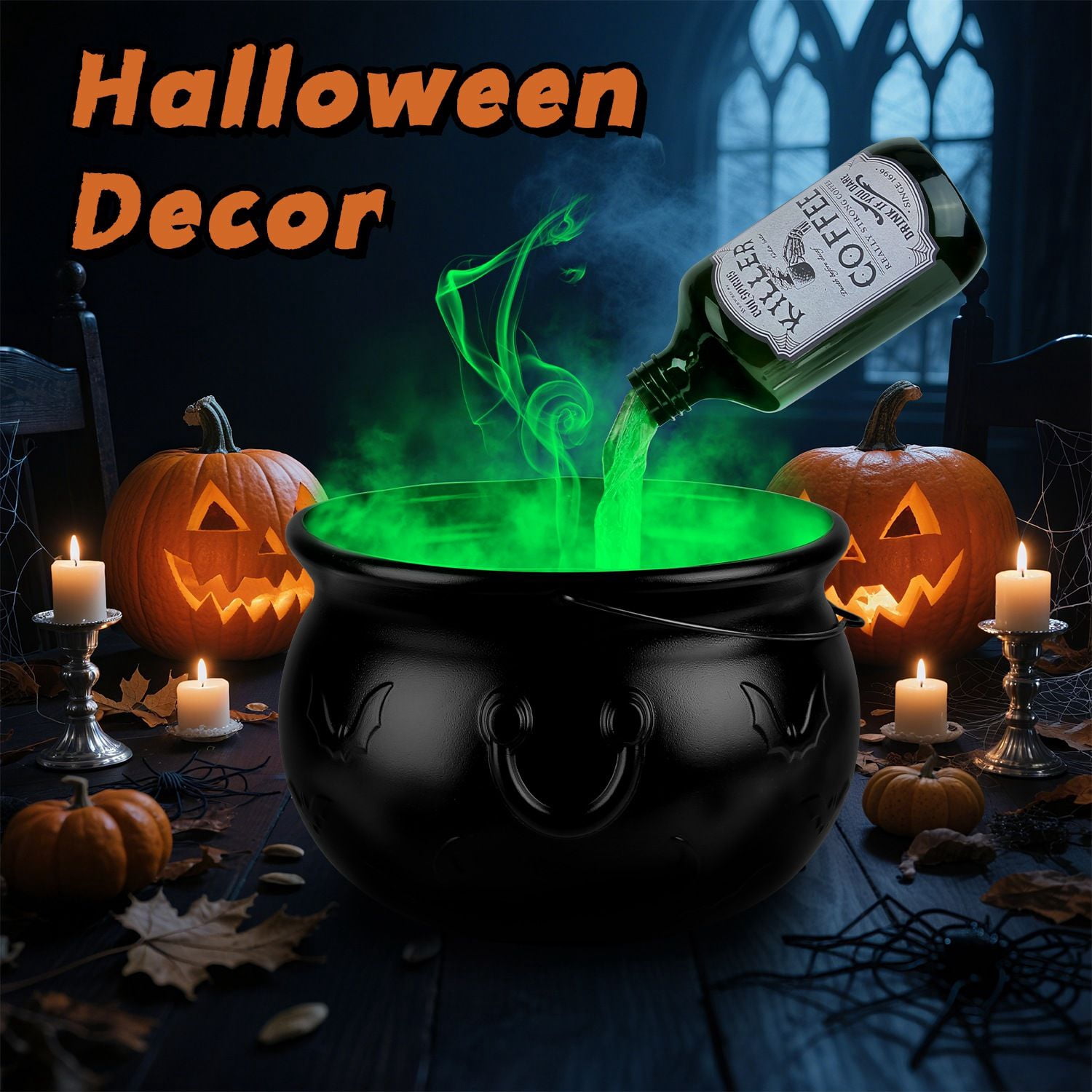 Halloween Witch Cauldron Floating Bottle Set with Green Mist Light USB Powered for Party Decor