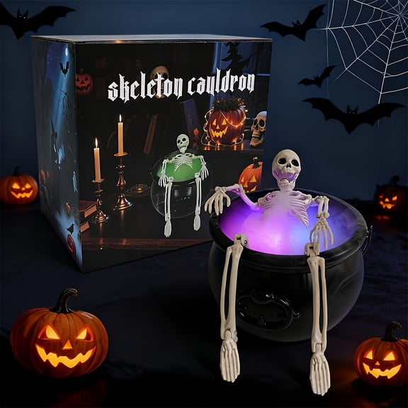 Halloween Witch Cauldron Fog Maker Set with LED Skeleton Head, Spell Pot with Floating Chamber, Indoor Spooky Party Decor, Desktop Haunted House Accessory Gift