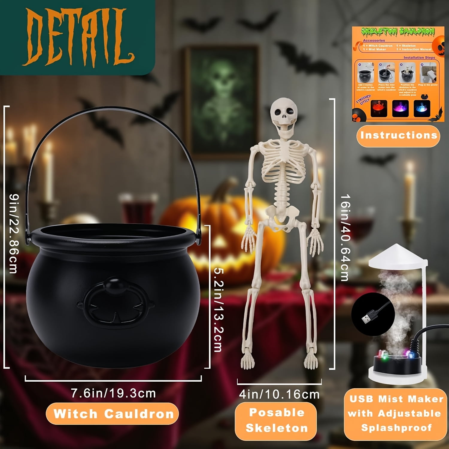 Halloween Witch Cauldron with Fogger & LED Lights, Electric Fog Machine ...