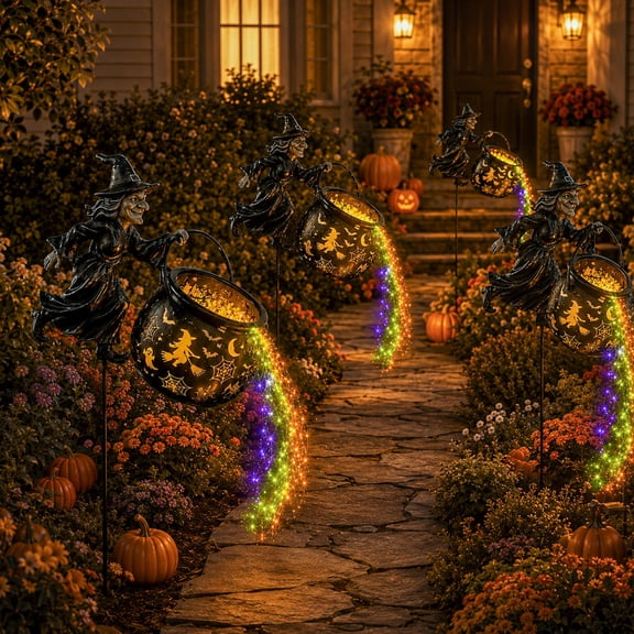 Halloween Witch Cauldron Garden Light, Easy Insert Ground Stake Ornament, Flowing LED Stream Light Accessory For Home Outdoor Holiday Party