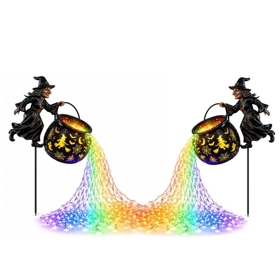 Halloween Witch Cauldron Garden Light, Flying Witch Outdoor Decoration with Rainbow Waterfall String Lights and Spooky Pattern Projection, Resin Stake Decor for Yard Lawn Porch Party (1Pc)