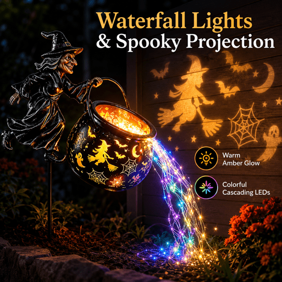Halloween Witch Cauldron Garden Light, Halloween Lawn Ornament Flowing LED Stream, Halloween Spinner for Patio Yard, Whimsical Halloween Decor