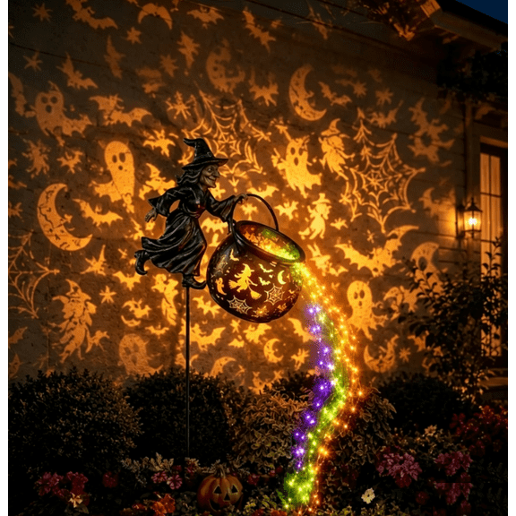 Halloween Witch Cauldron Garden Light, Illuminated Metal Garden Stake, Dynamic Flowing LED Stream Decor For Outdoor Halloween Party Scene