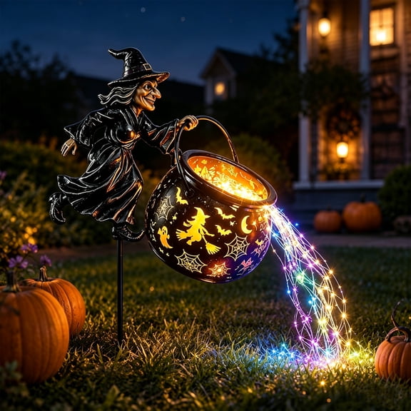 Halloween Witch Cauldron Garden Light with LED Projector and Stake, Waterfall-Style Enchanted Witch Cauldron Garden Decoration, for Garden,Patio,Lawn,Pathway and Fall Party Decoration