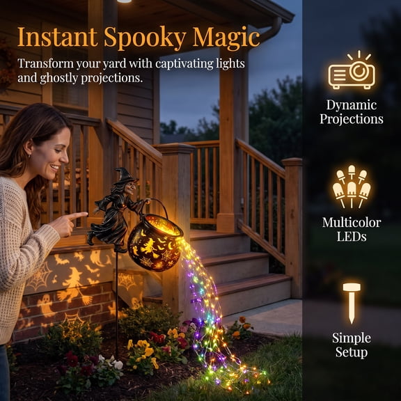 Halloween Witch Cauldron Garden Light LED Waterfall Projector Outdoor Yard Lawn Decor With Stake