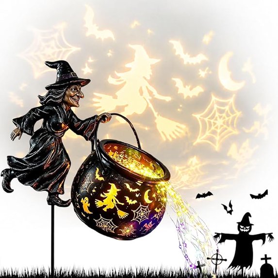 Halloween Witch Cauldron Garden Light, Solar Halloween Decorations Outdoor with Colorful Waterfall Light Flow, Flying Witch Garden Stake with Projector Lights for Yard Lawn Patio Walkway Porch Party