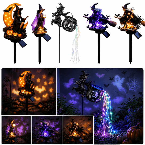 Halloween Witch Cauldron Garden Light, Solar LED Halloween Projector Outdoor Decor with Flying Witch and Magic Cauldron Design, Witch Light Garden Stake for Yard Lawn Porch Decoration, Style E