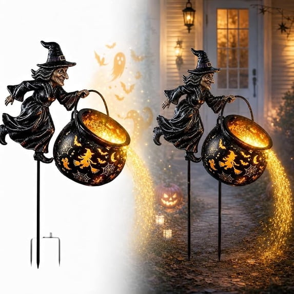 Halloween Witch Cauldron Garden Light, Solar Powered Outdoor Yard Stake with Multicolor LED Potion Cascade, Illuminated Cutout Artwork for Patio Pathway Porch Entryway Party Decor,1pcs