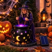 Halloween Witch Cauldron Garden Light, Solar Powered Resin Witch Statue with Glowing Cauldron Outdoor Holiday Decor for Yard Lawn Porch Path