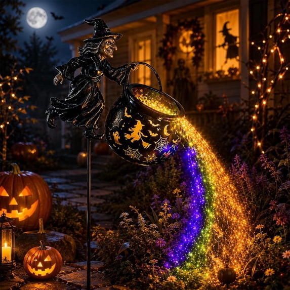 Halloween Witch Cauldron Garden Light,Waterfall-Style Colorful Light Flow Flying Witch Garden Stake,Outdoor Halloween Decorations with LED Waterfall Lights for Yard Lawn Porch Pathway Party