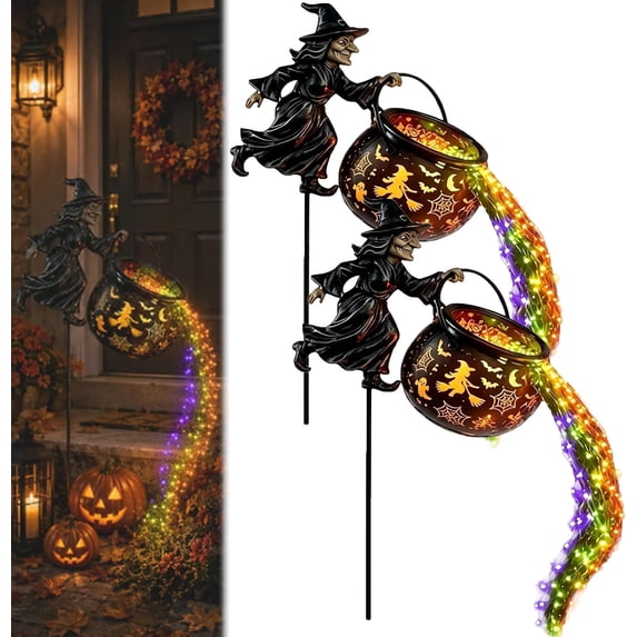 Halloween Witch Cauldron Garden Light, Waterfall-Style Enchanted Cauldron Decoration with Multicolor LED Projection, Outdoor Yard Stake for Lawn Porch Patio Walkway, Spooky Party Decor (2PCS)